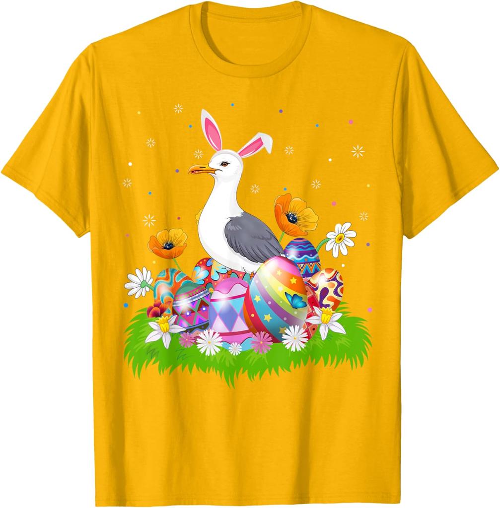 Seagull Bunny Ears Easter Eggs Graphic Tee Men Casual Cotton Short Sleeve T-Shirt