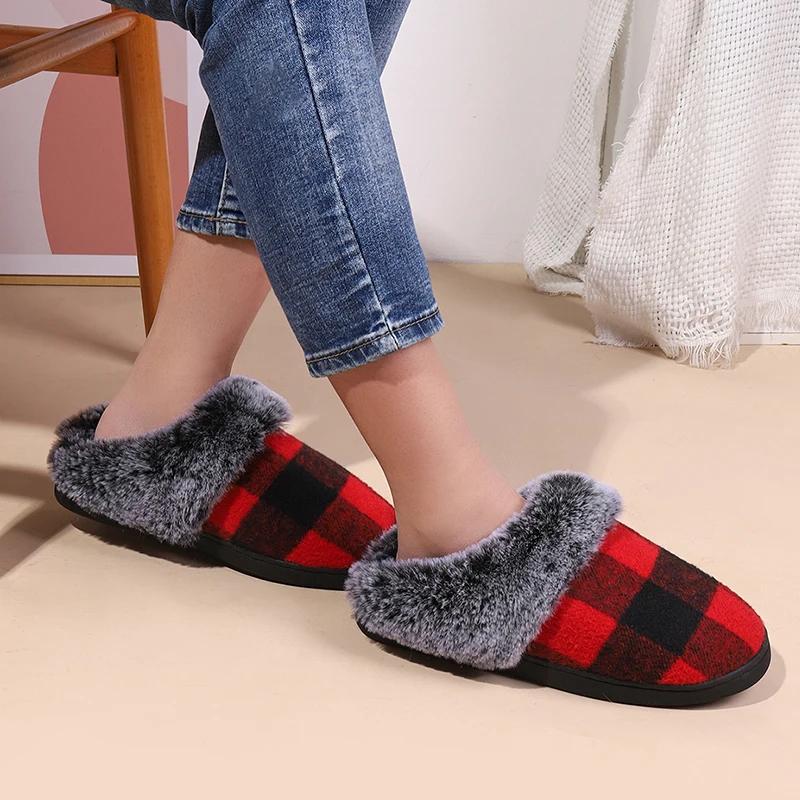 Karierte Warme Baumwollpantoffeln Damen Plüsch Rutschfest Winter Hausschuhe Frau Leichtgewichtige Weiche Sohle Unisex Kunstfell Indoor-Pantoffeln