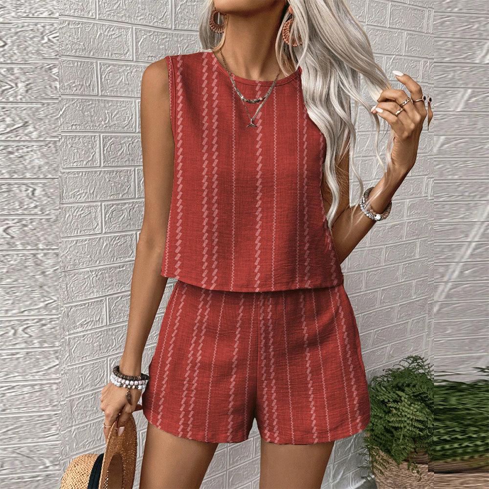 Women's Sleeveless Striped Tank Top and Shorts Set In Beige with Black Stripes | Casual Summer Two Piece Outfit