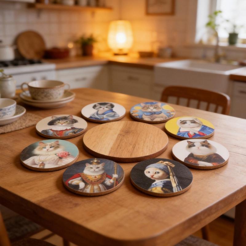 Schönes Katzen-Thema Holz-Getränkeuntersetzer Hitzebeständige Tassenunterlage Für Küche, Esszimmer und Arbeitsplatz Gebrauch Einweihungsgeschenk