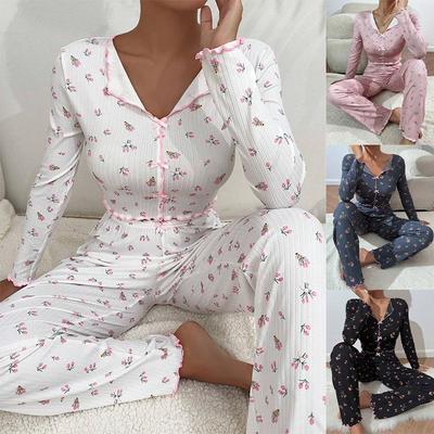 Women's European & American Style Casual Printed Pajama Set: Long Sleeve Top & Long Pants, Wearable Outdoors