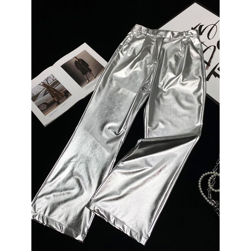 

Брюки CCA Ins Blogger Серебристые Блестящие Поверхность С Высокой Посадкой Silver S