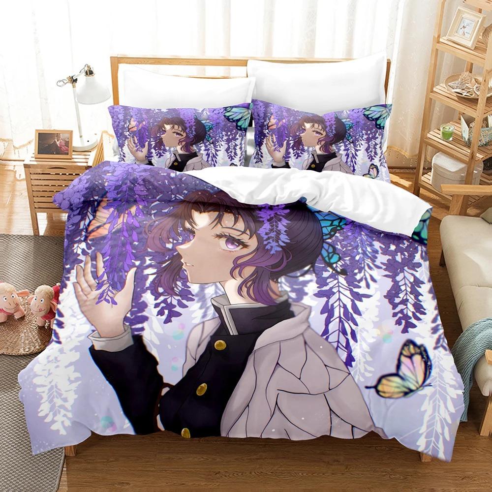 3D Pattern Print Pattern Kochou Shinobu Bed Linen Anime Demon Slayer Bed Ensemble 135x200 Teens Boys Twin Size Single Size Queen Dimension King