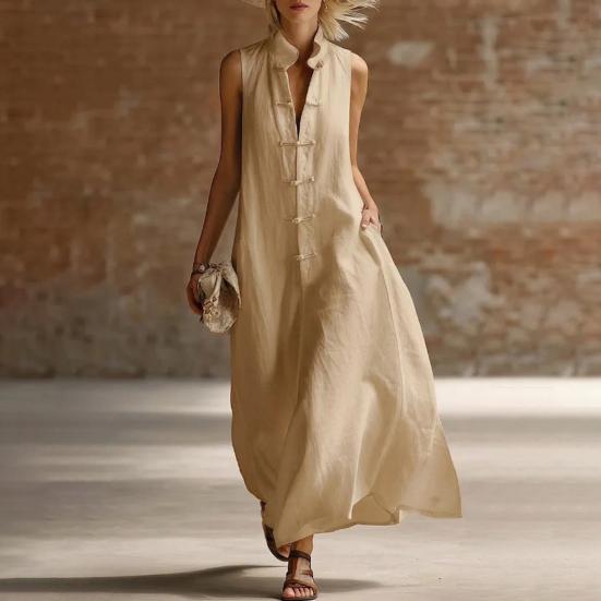 Damen Sommer Ärmellos Knopfleiste Tankkleid Stehkragen Lässig Baumwolle Leinen Langes Kleid Locker A-Linie Fließendes Strand Sommerkleid