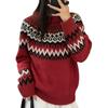 Women's Red Fair Isle Wool Sweater - Round Neck, Loose Fit, Thick Knit
