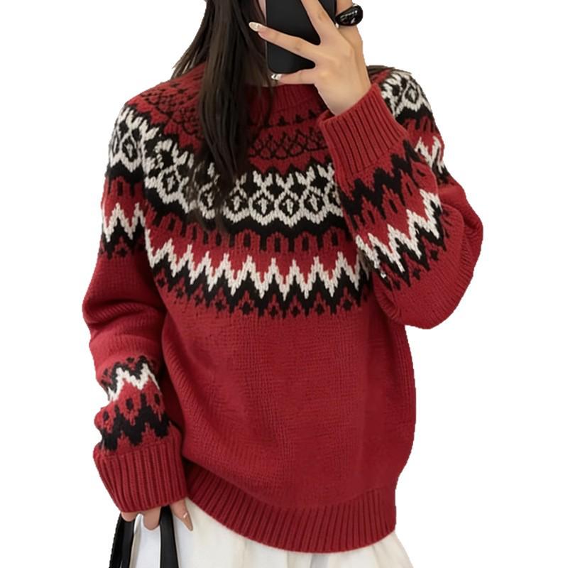 Women's Red Fair Isle Wool Sweater - Round Neck, Loose Fit, Thick Knit