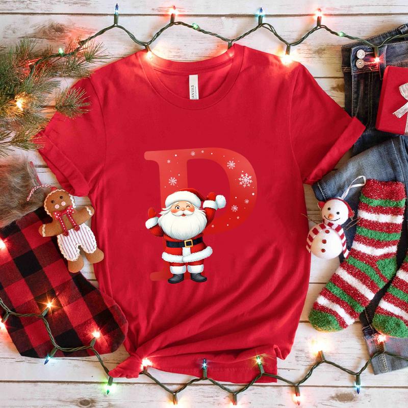Santa AZ Alphabet Womens Tshirt Christmas Party Casual Tee with Graphic Print Holiday Fashion Y2k Tops for Female Clothing