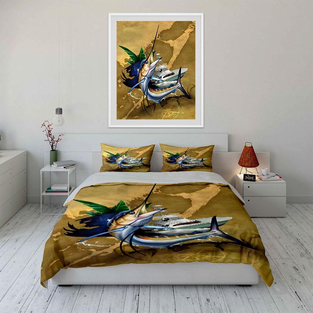 "Fishing Boat Marlin Decor Set" Soft Skin-Friendly Bedding Set Includes 1 Duvet Cover And 2 Pillowcase Gift