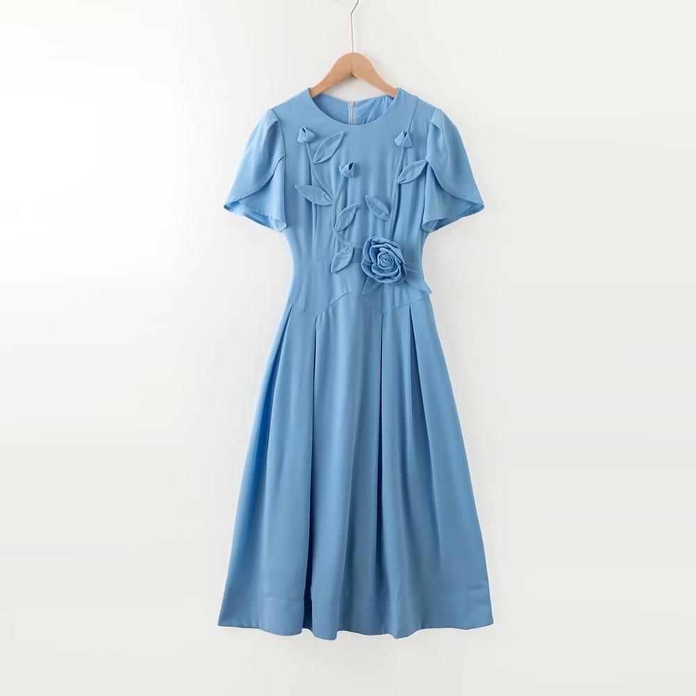 

Elegant French 2026 Spring/Summer Women s 3D Floral Midi Dress with Round Neck & Short Sleeves, Cinched Waist Extra Large синій