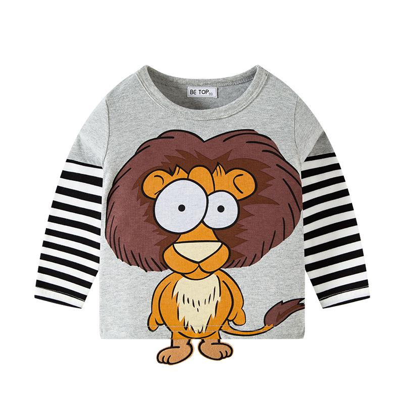 Spring & Autumn 2025 Kids' 3D Cartoon T-shirt with Striped Sleeves - 100% Cotton for Boys