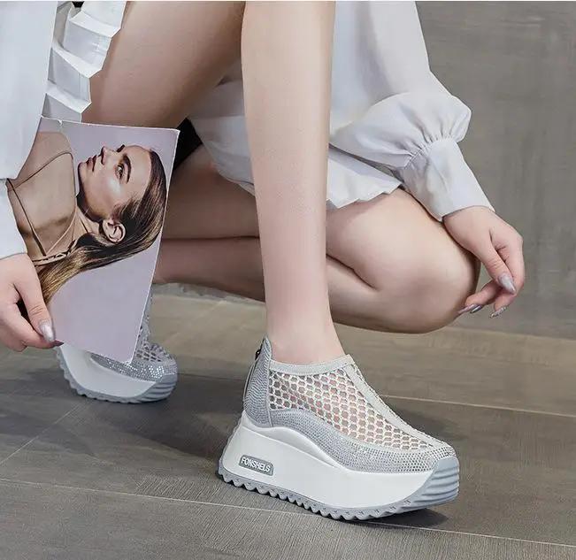 Fashion 8CM Microfiber Leather Ankle Boots Sandals Women Shoes Hollow ZIP Chunky Sneaker Platform Wedge Fashion Summer Bling Sandals