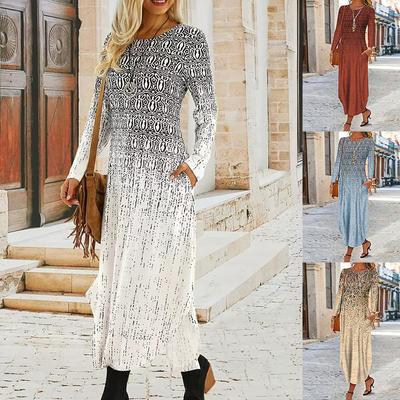 Women's Round Neck Plug Pocket Long Sleeve Fashion Casual Printed Dresses