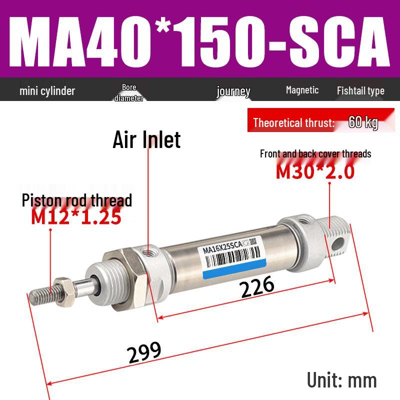 Mini Stainless Steel Pneumatic Cylinder MA Series (16-40mm Bore, 50-200mm Stroke)