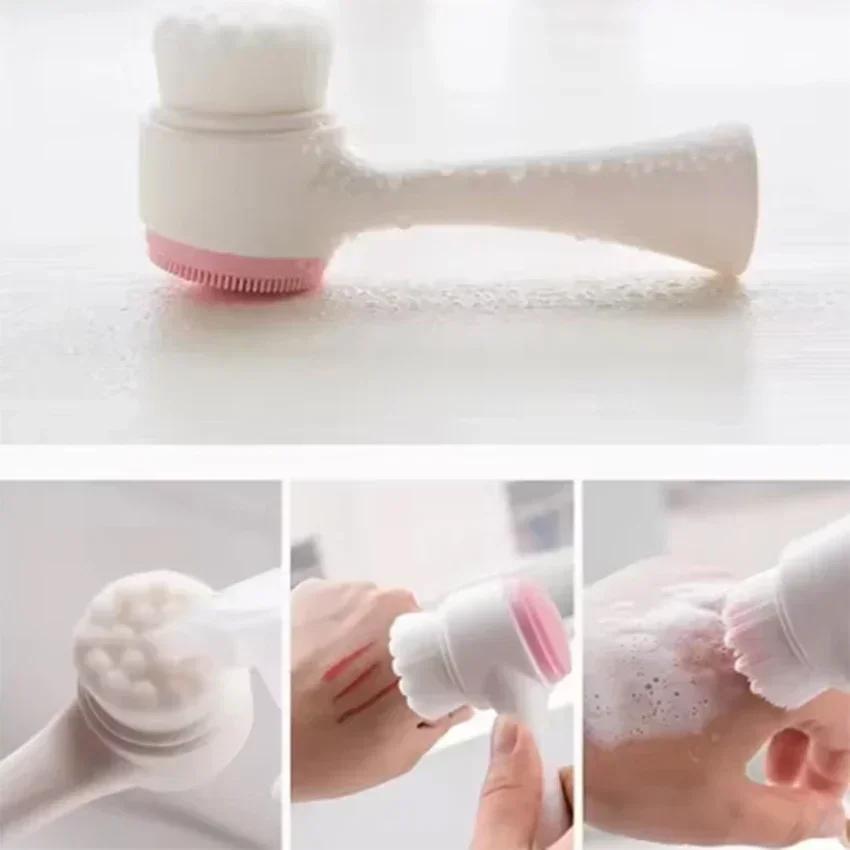 3D Dual Silicon Facial Cleanser Brush Manual Massage Brush Soft Steel Hair Exfoliating Agent Double-sided Facial Cleanser Brush
