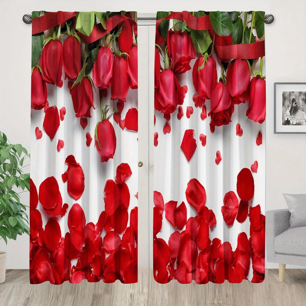 2stk Red Rose Abstrakt Marmormønster Gardiner Stanglomme Valentinsdagsdekorasjon Trykt Lysfiltrerende Kjøkkengardin