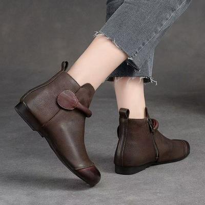Retro Women Short Ankle Boots  Autumn Winter Faux Cow Leather Slip-on Shoes Handmade Round Toe Light Weight Flat Booties