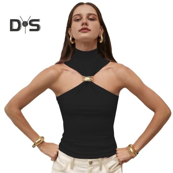 

Женские топы с высоким воротником и рукавами, однотонные эластичные топы, облегающие повседневные универсальные дышащие жилеты S чёрный