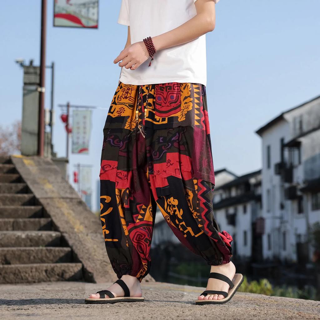 Chinese Style Men Thai Elephant Beach Pants 2026 Spring Summer Men Retro Cotton Trousers Harlan Straight Leg Mid Waist Pants