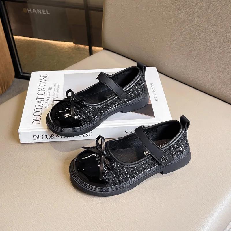 

Fashion Girls Patchwork Black Leather Shoes 2025 Autumn Butterfly-knot Lolita Children Mary Janes Elegant Round Toe Comfort Kids Shoes 37 чёрный
