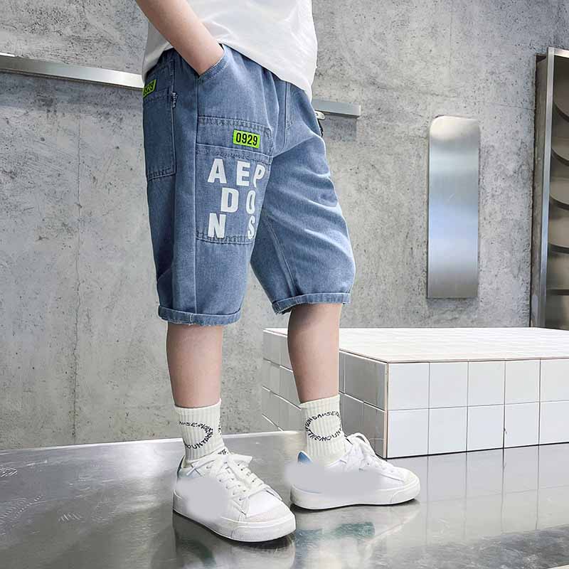 Ergen Erkekler Denim Şort Yazlık Harf Baskılı Yumuşak Çocuk Pantolonu Çocuklar için Günlük Pantolon