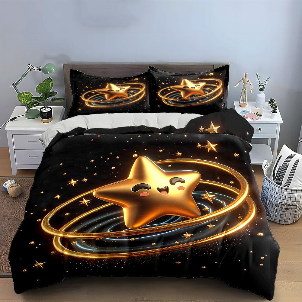 Golden Star Decor Set Bedding Set With 1 Duvet Cover 2 Pillowcases Single Double King Queen, Gift