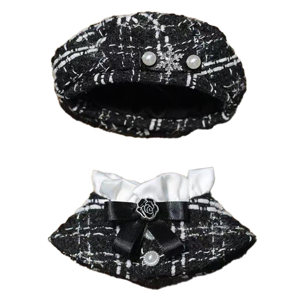 Tweed Beret & Cape for 10cm Dolls - Black Poncho, Hat, Cape, and Shawl Set - Check Pattern [Used]