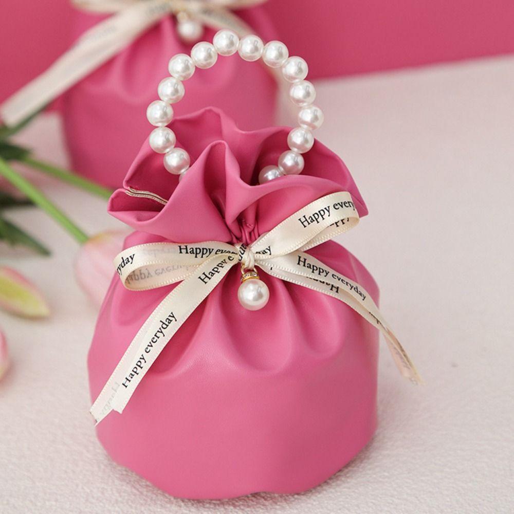 Solid Color PU Drawstring Bag Storage Bag Wedding Candy Bag Pearls Handle Wrist Bag  Festival