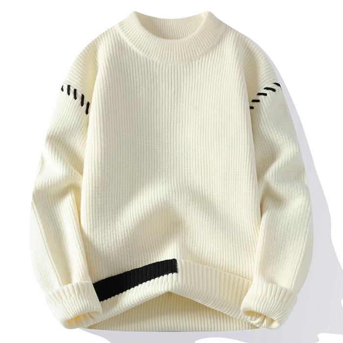 Men's Thickened Red Sweater for Autumn/Winter - Warm, Knitted, Round Neck, Trendy Base Layer