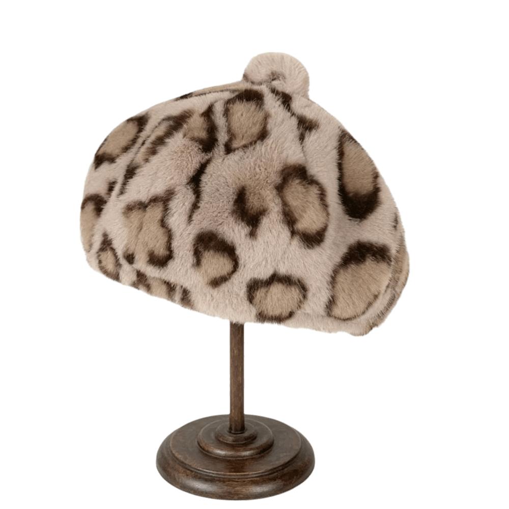 Leopard Print Faux Rabbit Fur Beret Flush Furry Fluffy Plush Beret Octagonal Beanie Cap  Women Girl