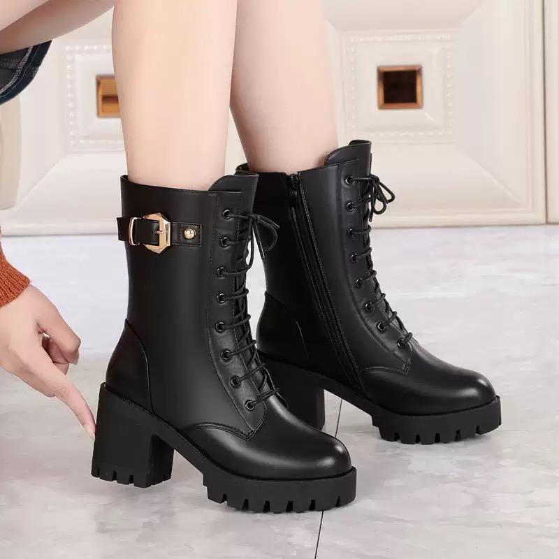 Women's Mid-calf Boots Winter Wool Lined Warm Cotton Boot Quality Leather Boots Women's Snow Boots Thick Heeled Platform Booties