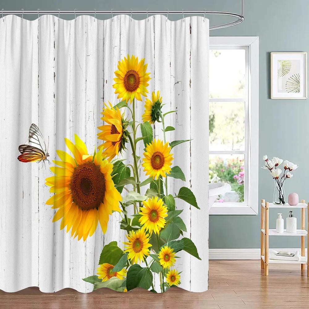 Sunflower Flower Bee Wood Grain Plant Scenery Bathroom Shower Curtain Cactus Butterfly Floral Landscape Bath Curtains With Hooks