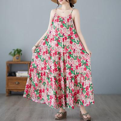 Summer Small Fresh Fragmented Flowers Age Reducing Cotton Hemp Big Pendant Cake Strap Dress for Women