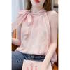 Women's Pink Marble Print Halter Neck Bow Tie Sleeveless Chiffon Top