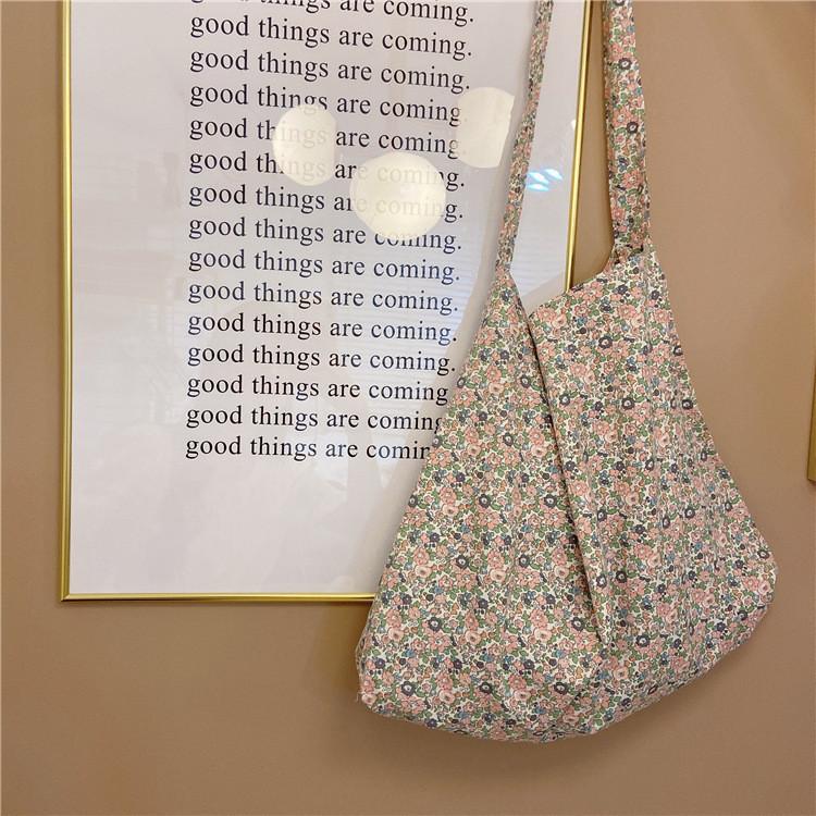 Trendy Korean Style Floral Canvas Tote Bag For Daily Use Medium Size Soft Handle