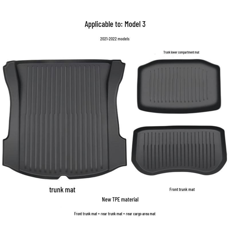 Tesla Model Y TPE Floor and Trunk Mats: Front, Rear, and Accessories for Car Interiors.