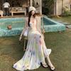 Summer Waist Mesh Stitching Fishtail Seaside Beach Dress Vacation Wind Dopamine Watercolor Suspender Dress Women