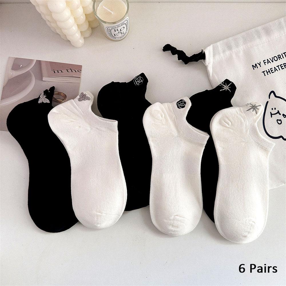 

6 пар женских носков до щиколотки в стиле Y2K и Лолита с цветочной и пчелиной вышивкой, короткие носки, белые/черные, каваийные хлопковые модные носки One Size