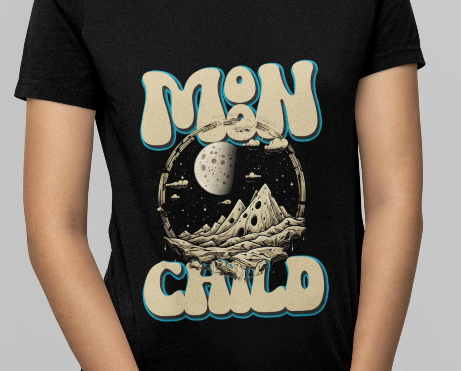 Moon Child T-Shirt: Cosmic Mountain Peaks, Retro Design M