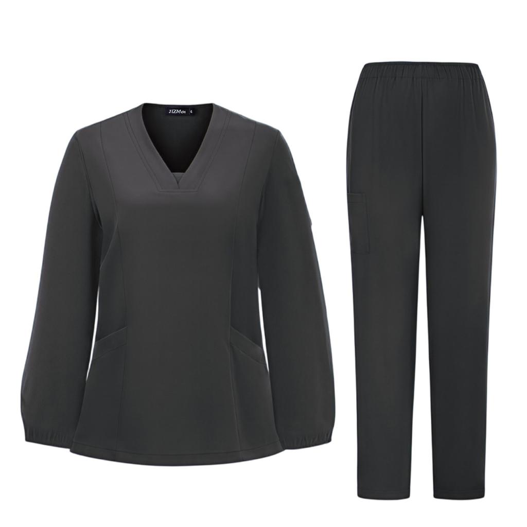 Women's Quick Drying Fabric Solid Color V-neck Pocket Long Sleeve Pants Set Workwear