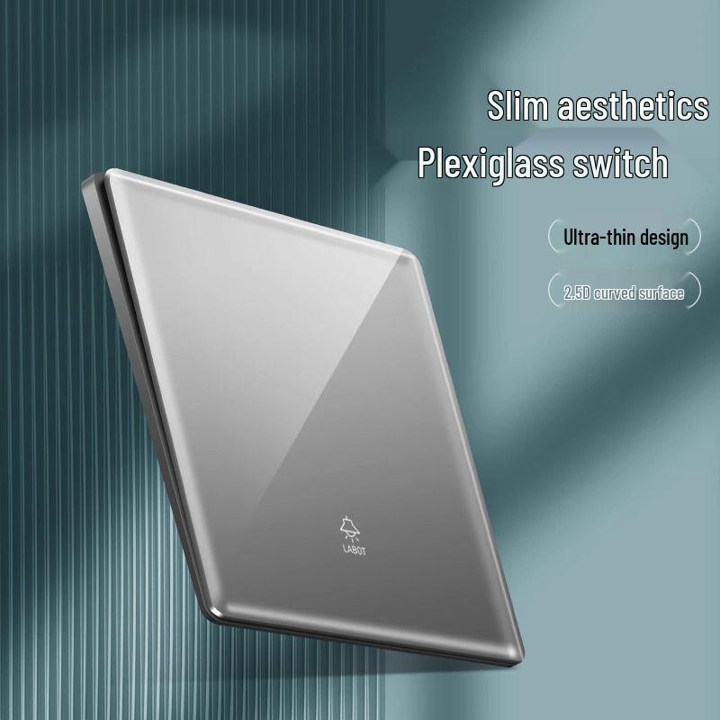 Bardzo cienki panel przełącznika i gniazdka z szarego szkła kryształowego - Typ 86, montaż podtynkowy, zestaw pięciootworowy do użytku domowego.