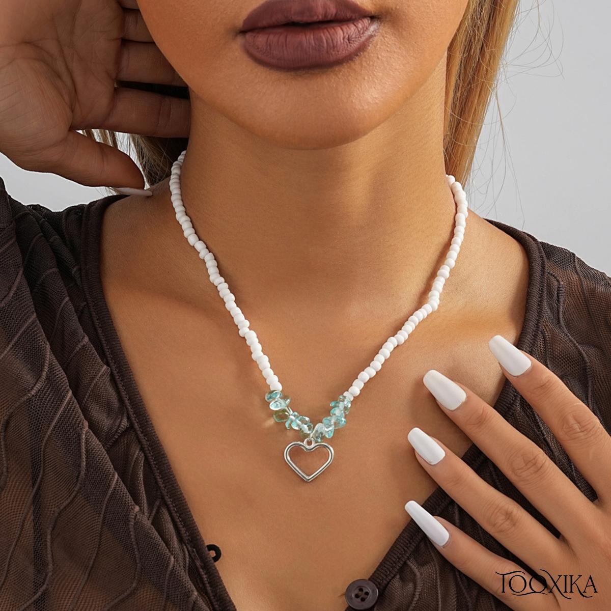 

Tooxika Multicolor Rice Bead Hollow Heart Pendant Necklace For Women Handmade Beaded Crystal Stone Necklace Jewelry