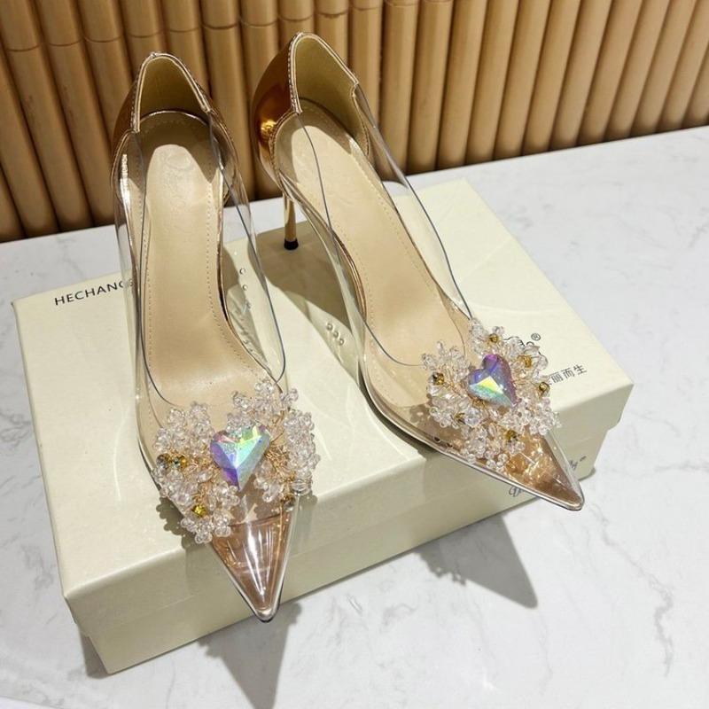 

2026 New Fine Heel Pointy Diamond Pumps Pearl Wedding Shoes Sparkles Baotou High-heeled Sandals 35 золотой