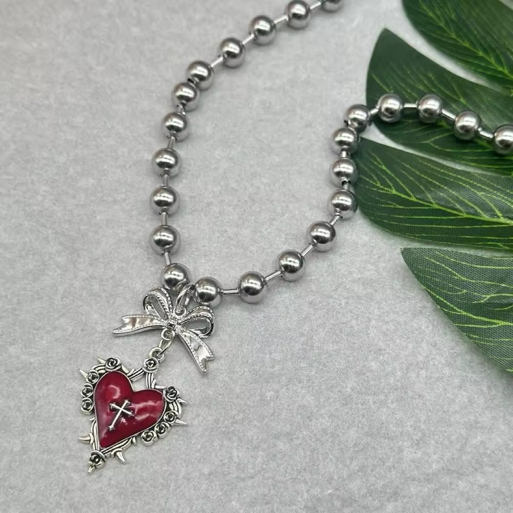 Y2k Subcultuur Zilverkleurig Strikje Rode Druipglazuur Doornig Hart Hanger Kralenketting Ketting voor Vrouwen Mannen Gotische Charm Sieraden