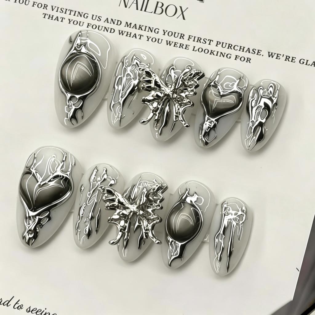 10Pcs Silver Metal Butterfly Short Almond Press On Nails Handmade Y2K Full Coverage Fake Nails For Women And Girls