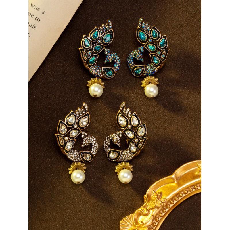 Vintage Set With Diamonds Peacock Pearls Tassel Earrings Court Style