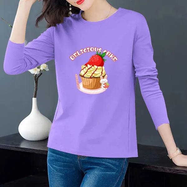 

Весенняя женская футболка с длинными рукавами, пуловер с принтом торта ко дню рождения, бутиковая нижняя рубашка, повседневная свободная рубашка M фиолетовый