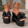 Women's Black Faux Cover Wedge Sandals with Floral Accent - 10cm Height Increase, Peep Toe, Thick Sole, Stylish Summer Platform Shoes for Casual