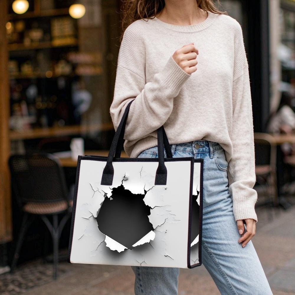 Crack Print Fashion Canvas Tote Bag Casual Large Capacity Portable Daily Shopping Shoulder Bag