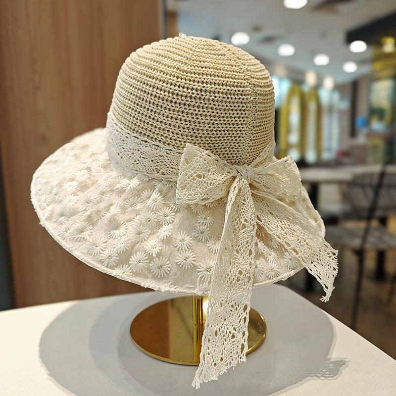 Straw Bow Fisherman's Hat Children Spring and Summer Big Brim Face Covering Sun Protection Hat Seaside Vacation Beach Hat