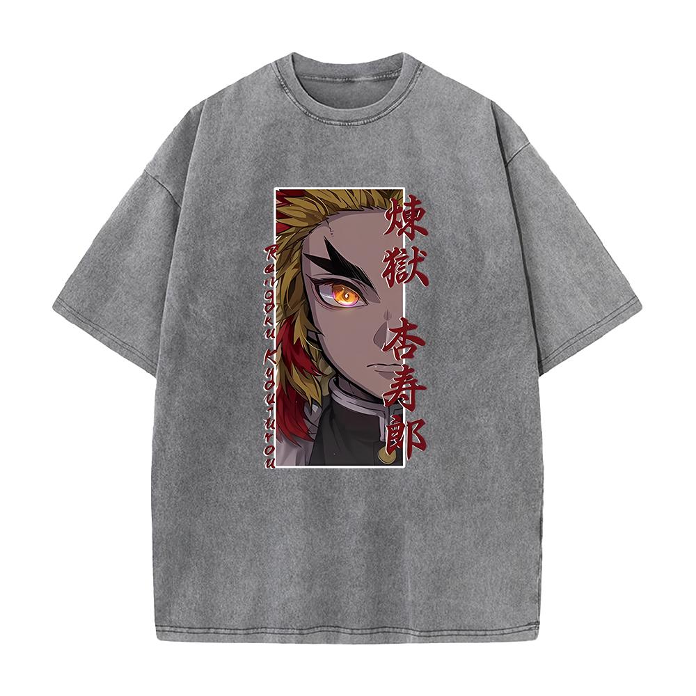 Harajuku Anime Demon Slayer Rengoku Kyoujurou Print Washed T Shirt Men Vintage Casual T-shirts Hip Hop Male Cotton Tshirt